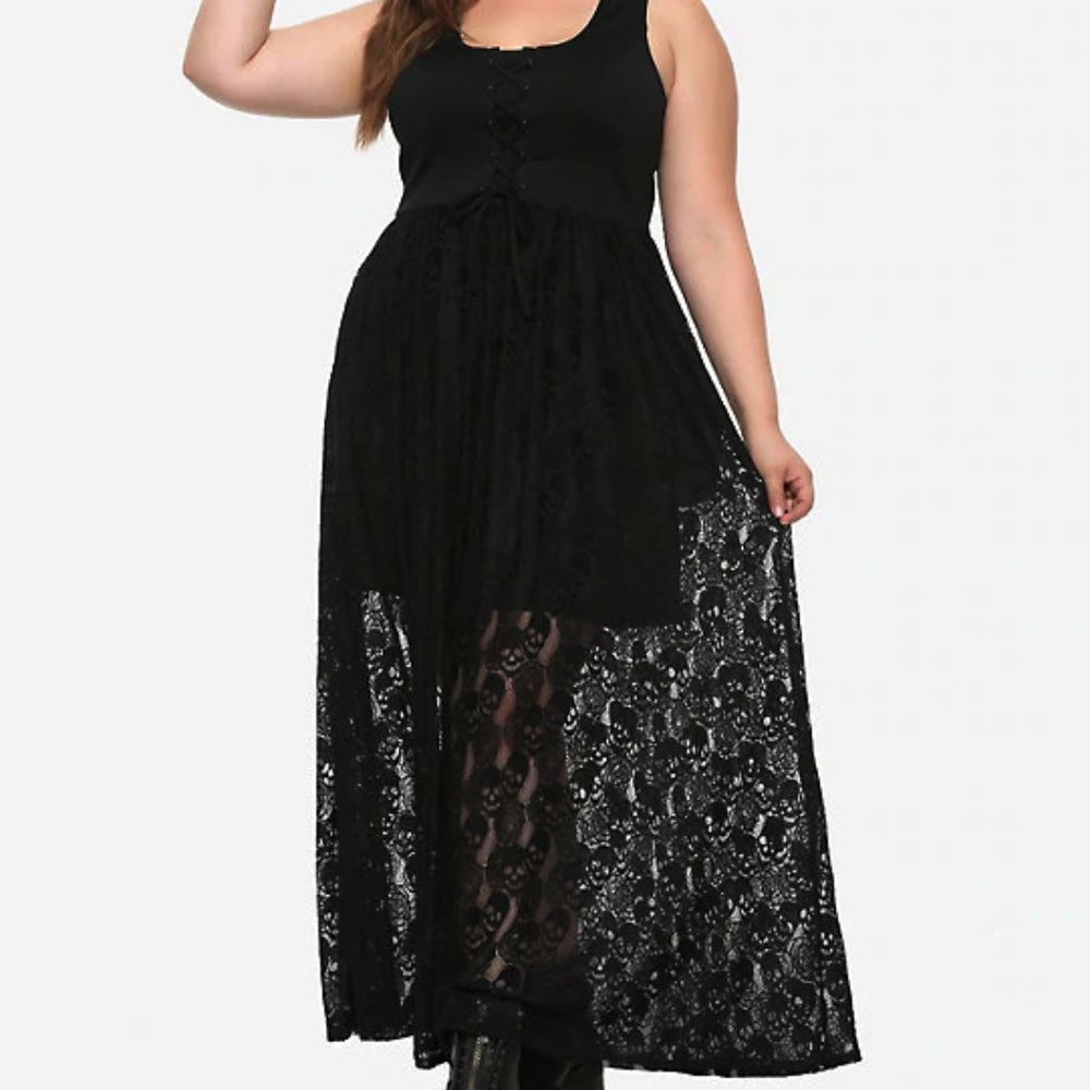GOTHIC BLACK LACE-UP SKULL LACE MAXI DRESS
